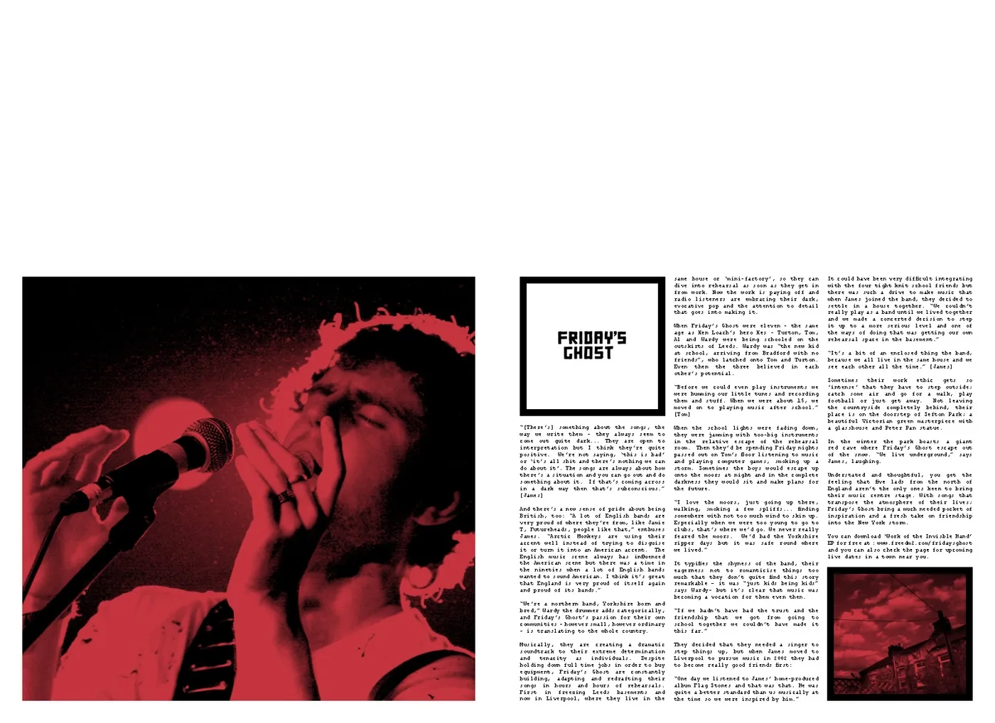 FREEDM zine spread on the band Friday’s Ghost, led by a red-toned photo of a singer at a microphone.