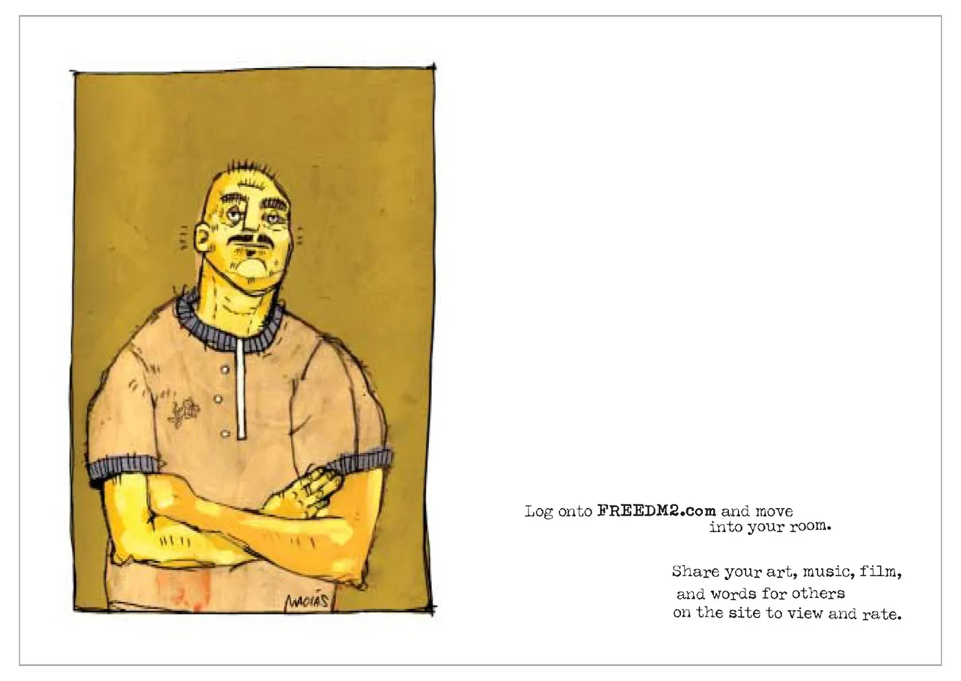 Booklet spread inviting artists to log on to FREEDM2.com and share their work, beside a drawn portrait.