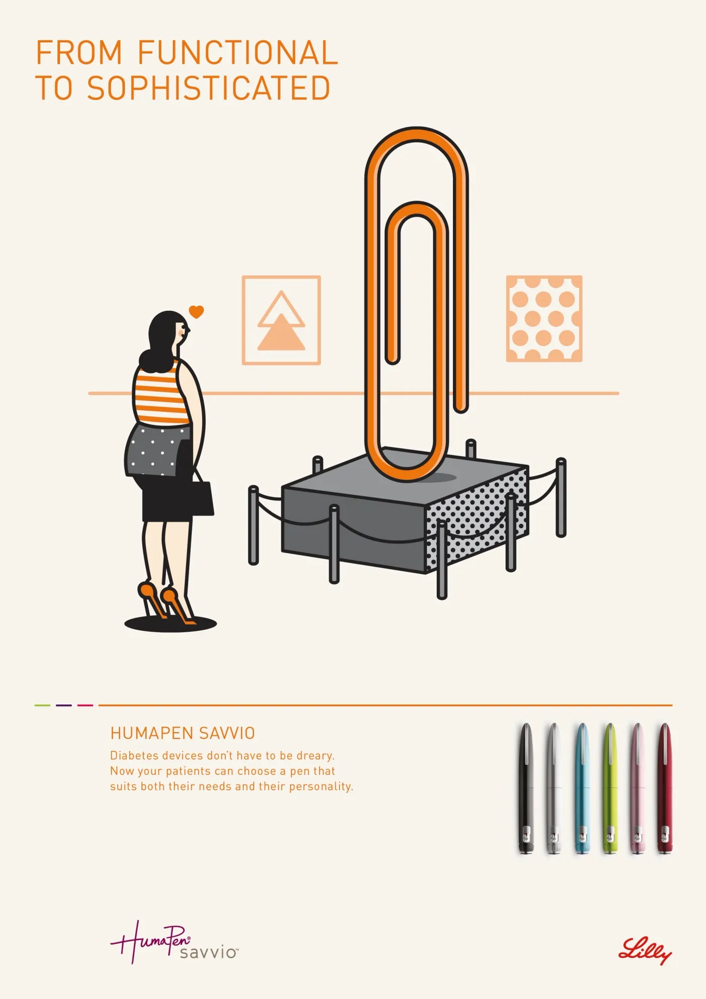 HumaPen Savvio poster, "From functional to sophisticated": a woman admires a giant paperclip shown as gallery art.