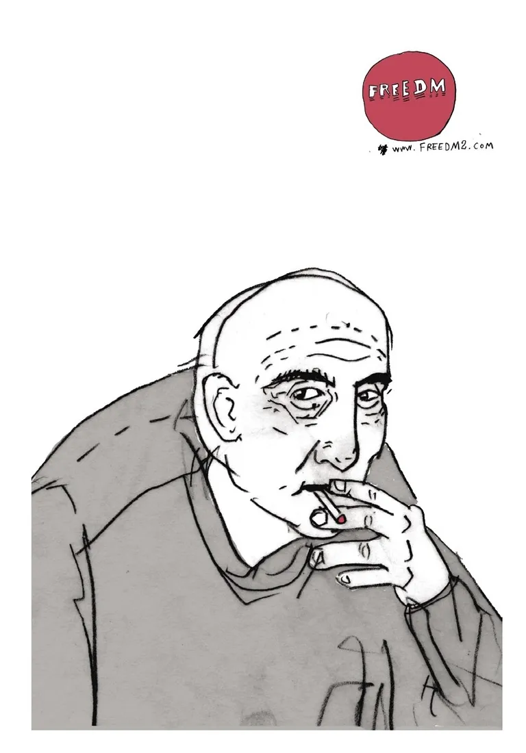 FREEDM zine cover: a line drawing of an older man smoking, below the FREEDM logo and web address.