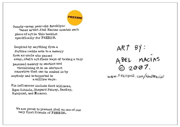 Booklet back page introducing Brooklyn artist Abel Macias, who created every piece of art in it.