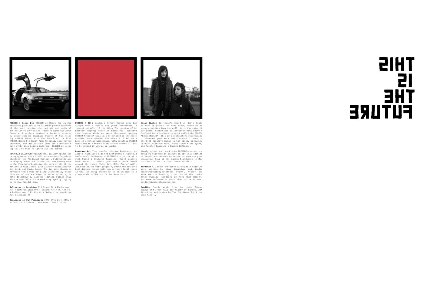 FREEDM zine spread, “This is the Future”, with news on Noise Pop, gallery shows and FREEDM projects.