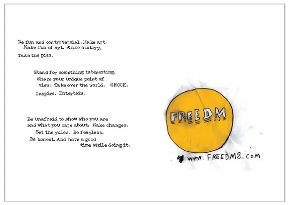 Booklet spread of the FREEDM manifesto, “Be fun and controversial. Make art.”, beside the FREEDM logo.