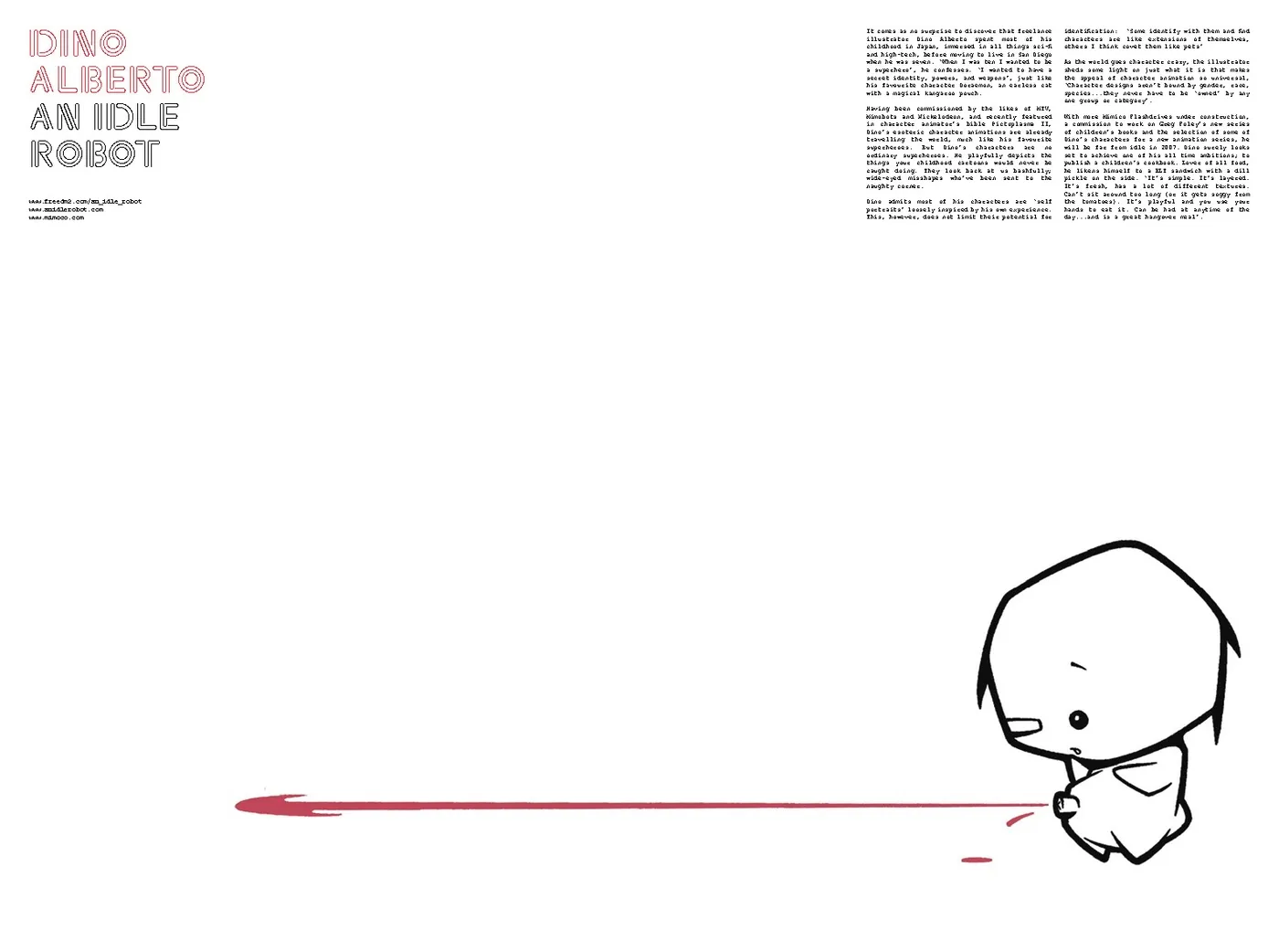 FREEDM zine spread profiling artist Dino Alberto, “An Idle Robot”, with one of his small character drawings.