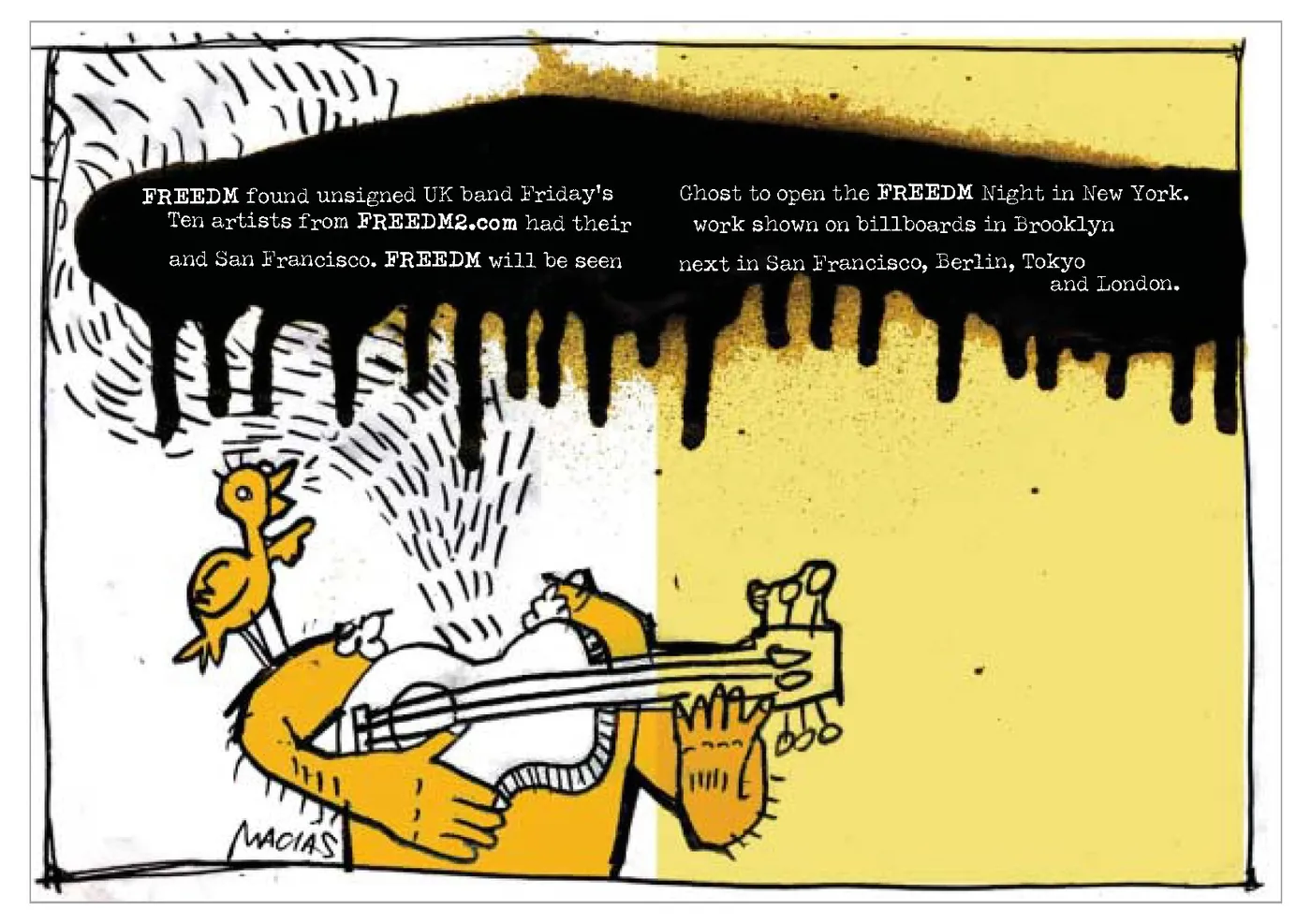 Booklet spread on FREEDM’s wins, from unsigned bands to billboards, over a drawing of a guitarist.