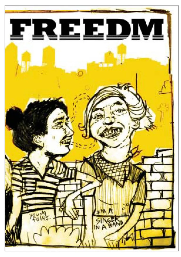 FREEDM recruitment booklet cover by Abel Macias: two friends by a brick wall beneath a yellow city skyline.