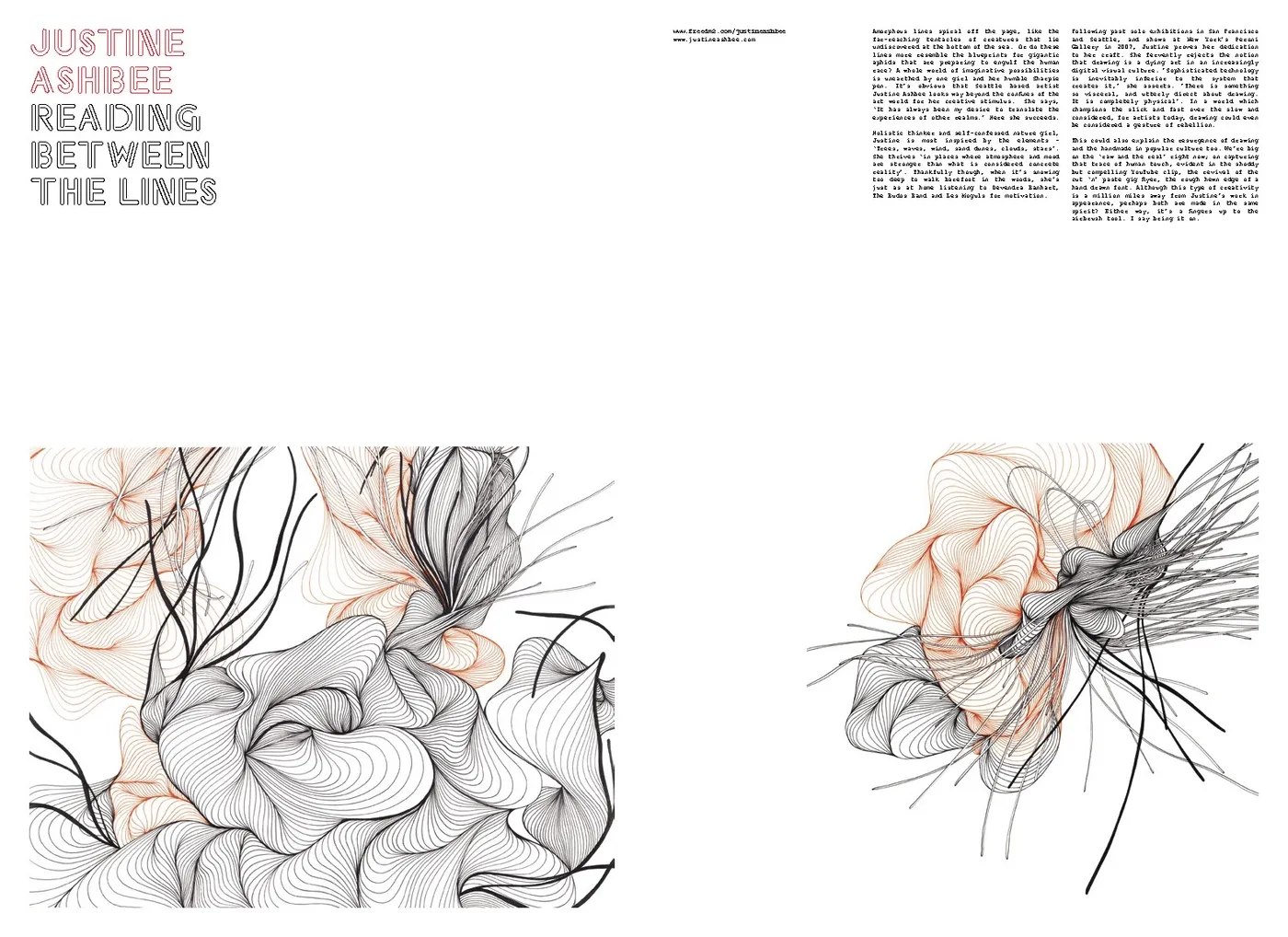 FREEDM zine spread profiling artist Justine Ashbee, “Reading Between the Lines”, with her flowing line drawings.